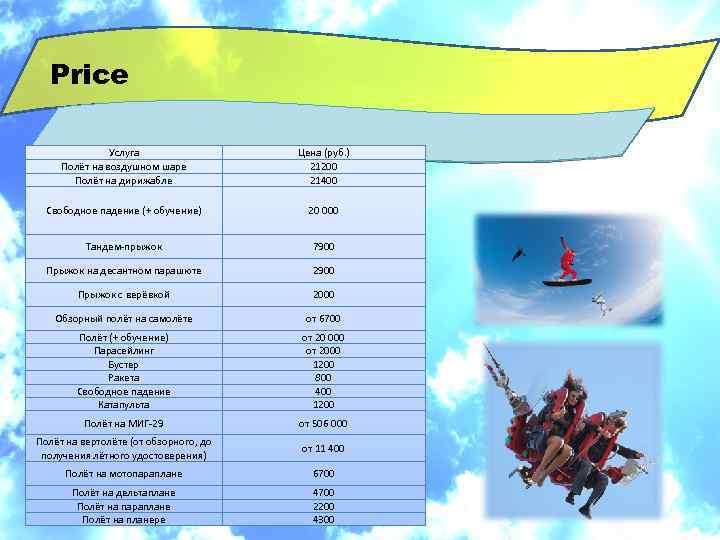 Price Услуга Полёт на воздушном шаре Полёт на дирижабле Цена (руб. ) 21200 21400