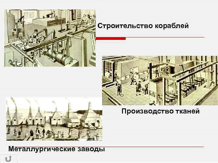 Строительство кораблей Производство тканей Металлургические заводы 
