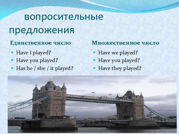 вопросительные предложения Единственное число Множественное число Have I played? Have you played? Has he