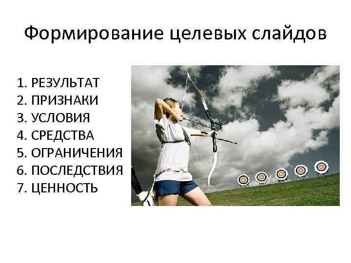 Формирование целевых слайдов 1. РЕЗУЛЬТАТ 2. ПРИЗНАКИ 3. УСЛОВИЯ 4. СРЕДСТВА 5. ОГРАНИЧЕНИЯ 6.