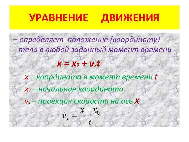 УРАВНЕНИЕ ДВИЖЕНИЯ – определяет положение (координату) тела в любой заданный момент времени х =