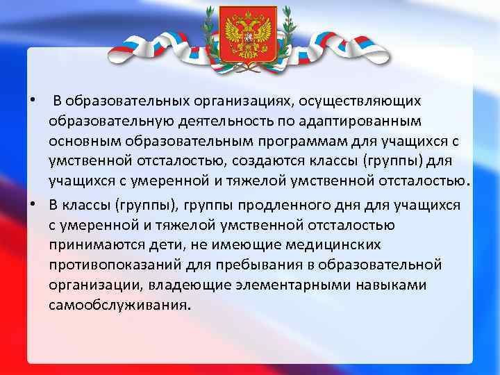  • В образовательных организациях, осуществляющих образовательную деятельность по адаптированным основным образовательным программам для