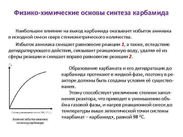 Физико-химические основы синтеза карбамида Наибольшее влияние на выход карбамида оказывает избыток аммиака в исходной