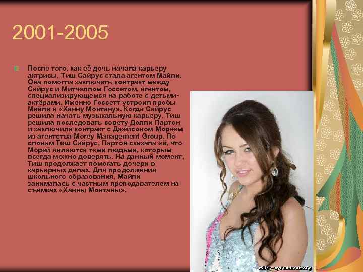 2001 -2005 После того, как её дочь начала карьеру актрисы, Тиш Сайрус стала агентом
