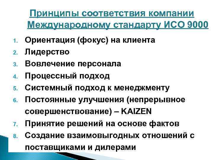 Принципы соответствия компании Международному стандарту ИСО 9000 1. 2. 3. 4. 5. 6. 7.