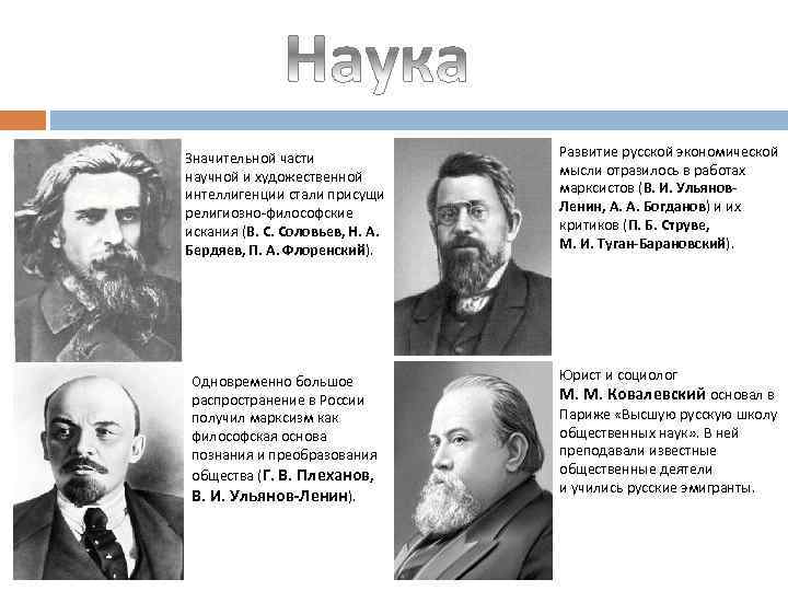 Значительной части научной и художественной интеллигенции стали присущи религиозно-философские искания (В. С. Соловьев, Н.