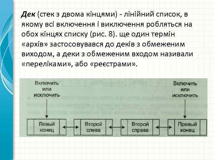 Дек (стек з двома кінцями) - лінійний список, в якому всі включення і виключення