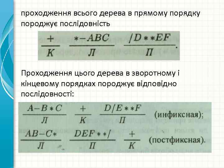 проходження всього дерева в прямому порядку породжує послідовність Проходження цього дерева в зворотному і