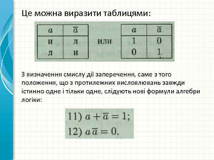 Це можна виразити таблицями: З визначення смислу дії заперечення, саме з того положення, що