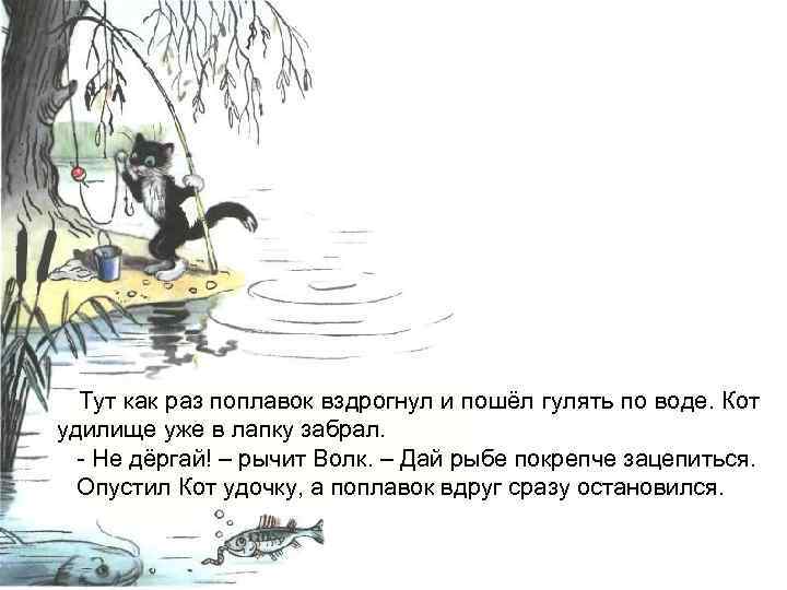 Тут как раз поплавок вздрогнул и пошёл гулять по воде. Кот удилище уже в