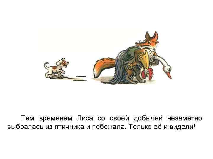 Тем временем Лиса со своей добычей незаметно выбралась из птичника и побежала. Только её
