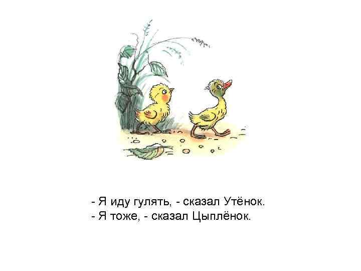 - Я иду гулять, - сказал Утёнок. - Я тоже, - сказал Цыплёнок. 