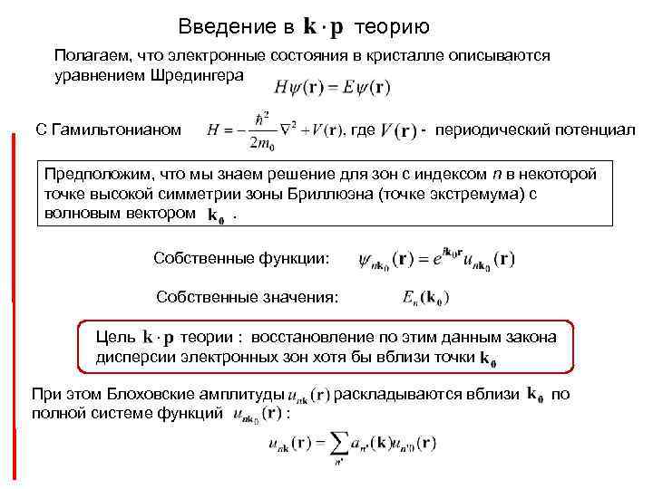 Введение в теорию Полагаем, что электронные состояния в кристалле описываются уравнением Шредингера где С