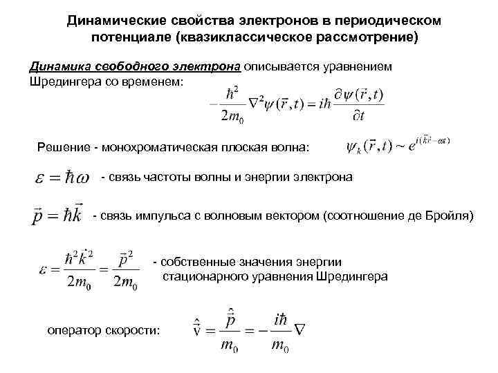 Динамические свойства электронов в периодическом потенциале (квазиклассическое рассмотрение) Динамика свободного электрона описывается уравнением Шредингера