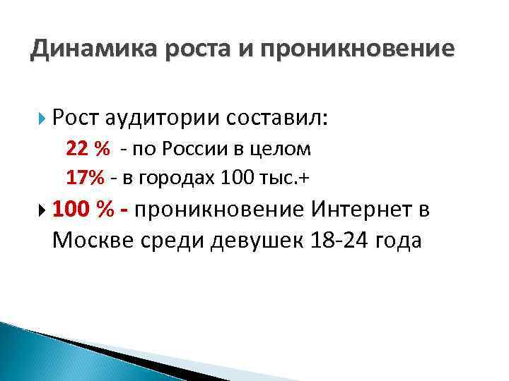 Динамика роста и проникновение Рост аудитории составил: 22 % - по России в целом