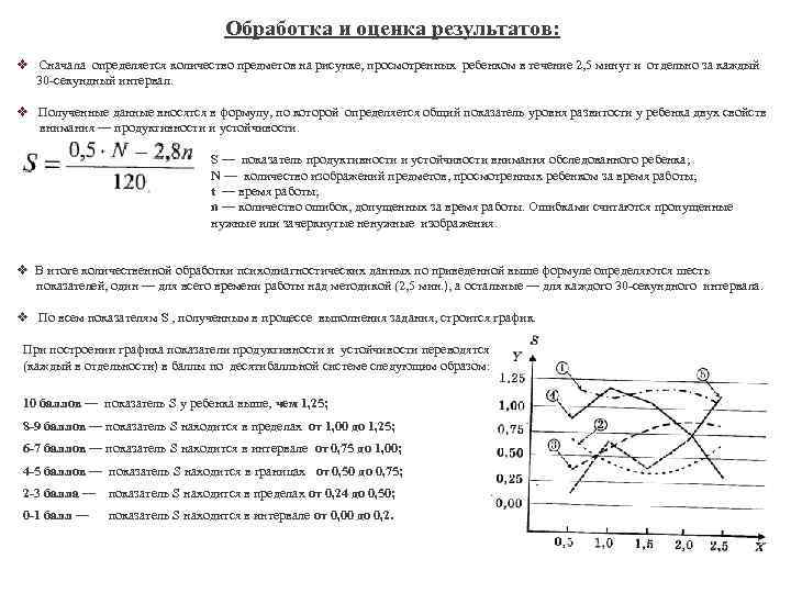 Обработка и оценка результатов: v Сначала определяется количество предметов на рисунке, просмотренных ребенком в