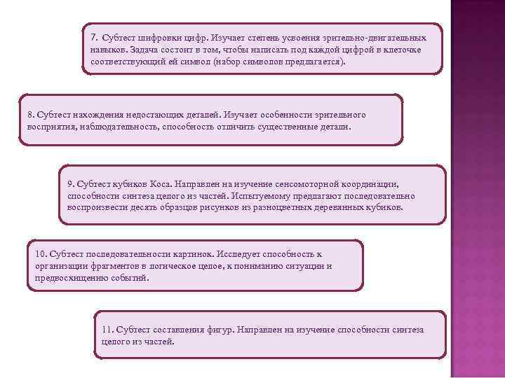 7. Субтест шифровки цифр. Изучает степень усвоения зрительно-двигательных навыков. Задача состоит в том, чтобы