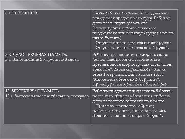 5. СТЕРЕОГНОЗ. Глаза ребенка закрыты. Исследователь вкладывает предмет в его руку, Ребенок должен на