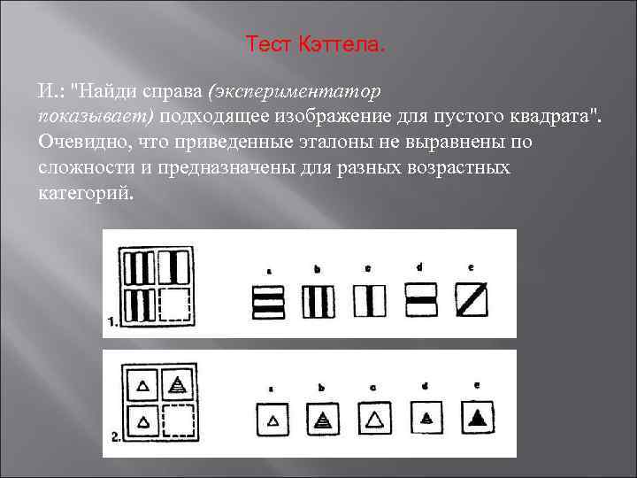 Тест Кэттела. И. : "Найди справа (экспериментатор показывает) подходящее изображение для пустого квадрата". Очевидно,