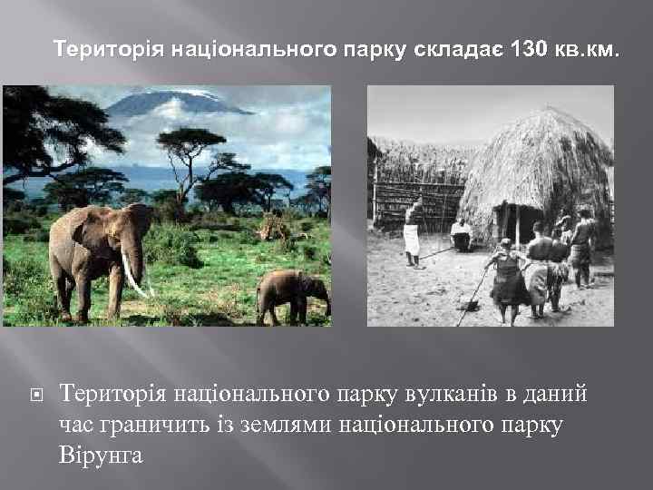 Територія національного парку складає 130 кв. км. Територія національного парку вулканів в даний час