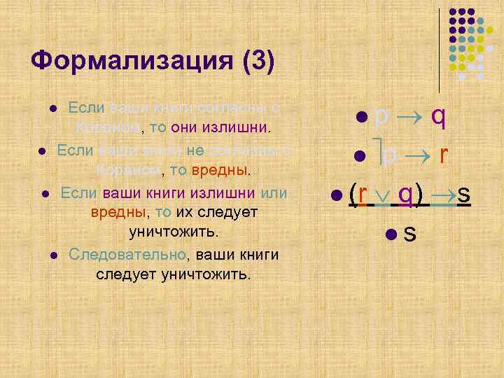 Формализация (3) Если ваши книги согласны с Кораном, то они излишни. l Если ваши