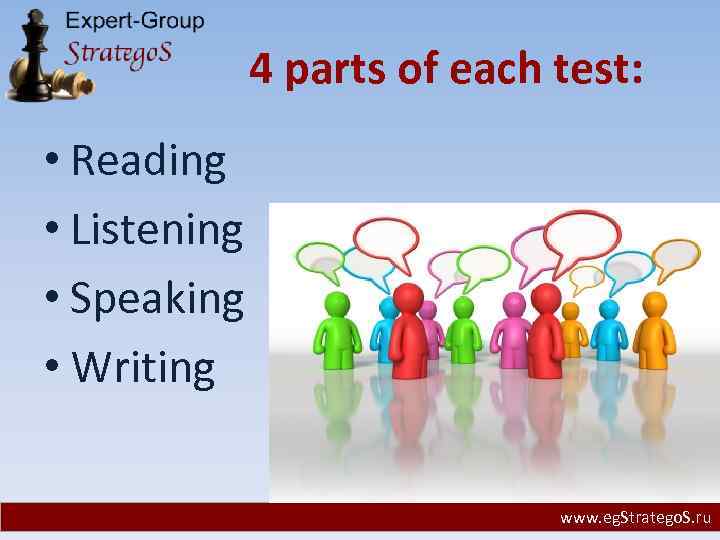 4 parts of each test: • Reading • Listening • Speaking • Writing www.