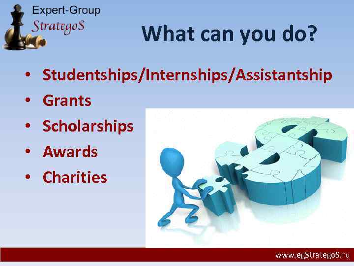 What can you do? • • • Studentships/Internships/Assistantship Grants Scholarships Awards Charities www. eg.