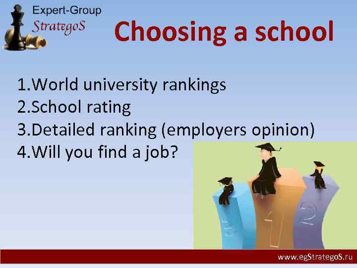 Choosing a school 1. World university rankings 2. School rating 3. Detailed ranking (employers