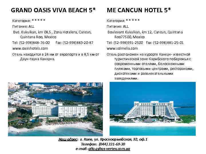 GRAND OASIS VIVA BEACH 5* Категория: * * * Питание: ALL Bvd. Kukulkan, km