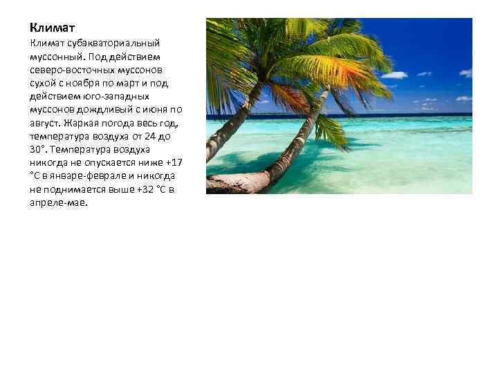 Климат субэкваториальный муссонный. Под действием северо-восточных муссонов сухой с ноября по март и под