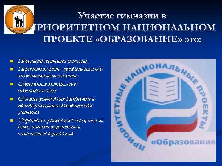 Участие гимназии в ПРИОРИТЕТНОМ НАЦИОНАЛЬНОМ ПРОЕКТЕ «ОБРАЗОВАНИЕ» это: Повышение рейтинга гимназии Перспектива роста профессиональной