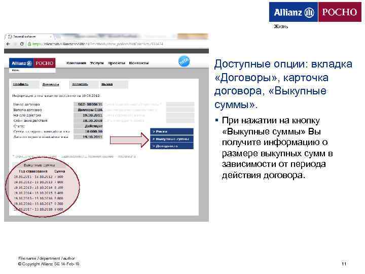 Доступные опции: вкладка «Договоры» , карточка договора, «Выкупные суммы» . § При нажатии на