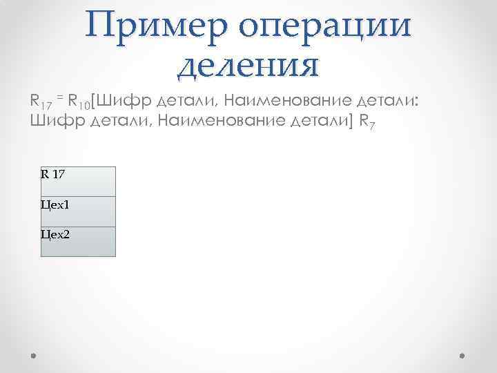 Пример операции деления R 17 = R 10[Шифр детали, Наименование детали: Шифр детали, Наименование