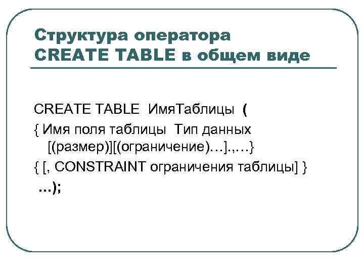 Структура оператора CREATE TABLE в общем виде CREATE TABLE Имя. Таблицы ( { Имя