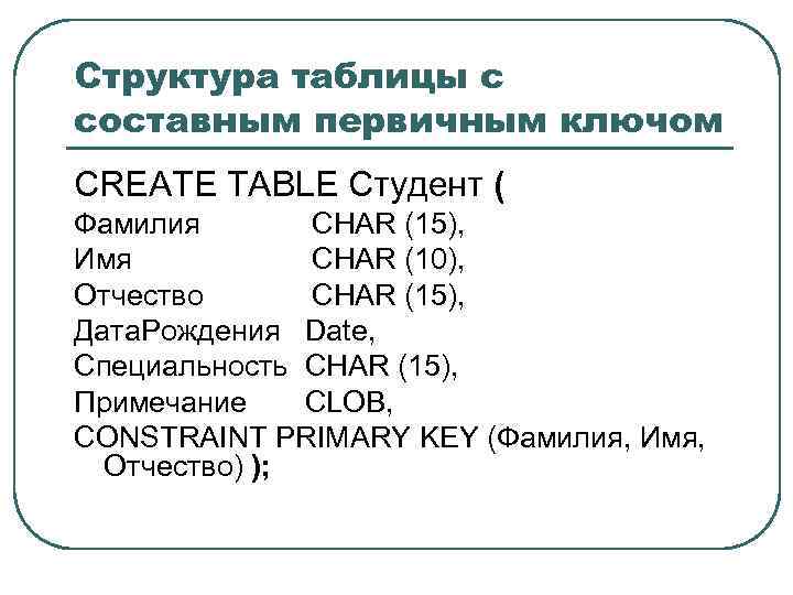 Структура таблицы с составным первичным ключом CREATE TABLE Студент ( Фамилия CHAR (15), Имя