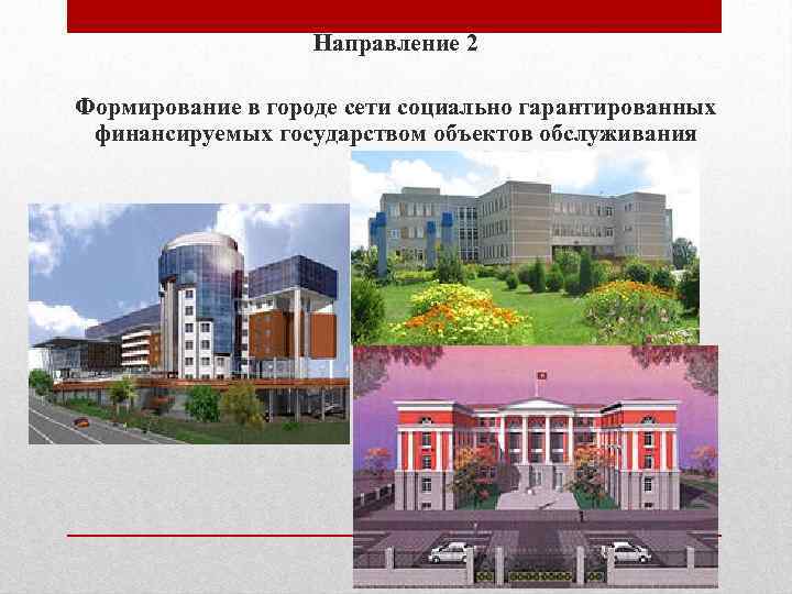 Направление 2 Формирование в городе сети социально гарантированных финансируемых государством объектов обслуживания 