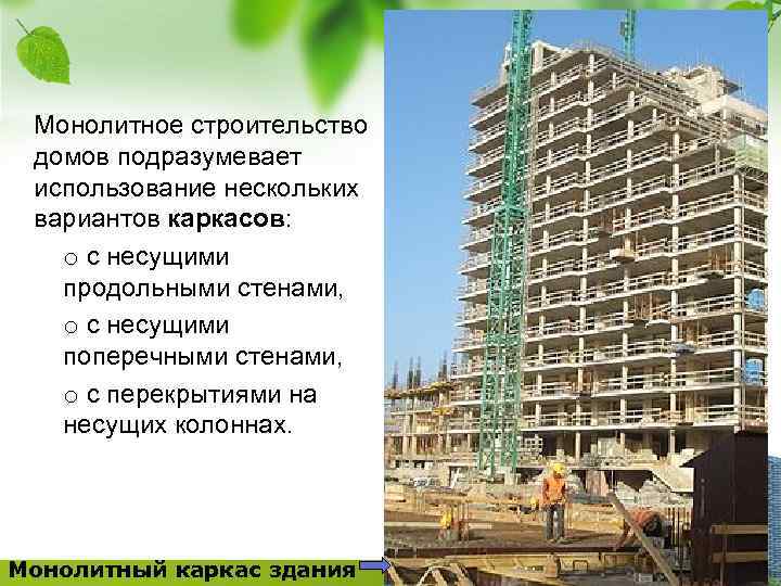 Монолитное строительство домов подразумевает использование нескольких вариантов каркасов: o с несущими продольными стенами, o