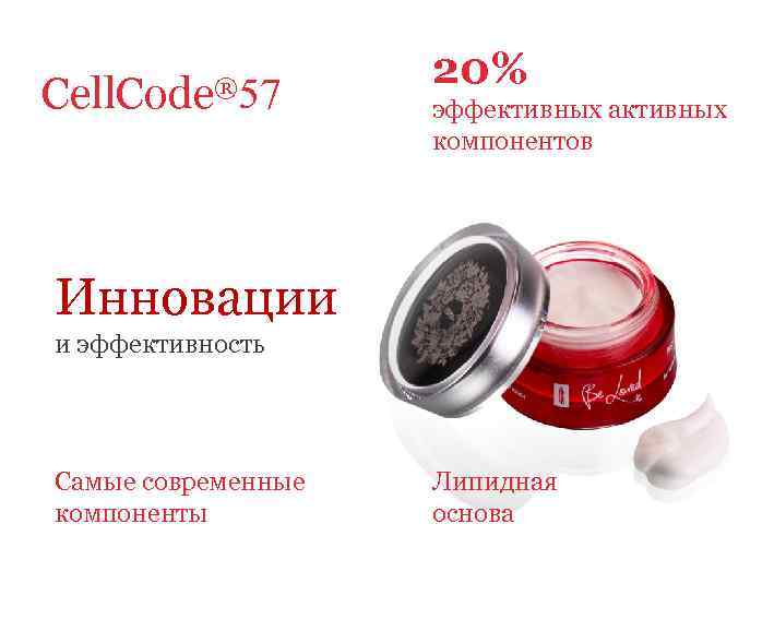 Cell. Сode® 57 20% эффективных активных компонентов Инновации и эффективность Самые современные компоненты Липидная