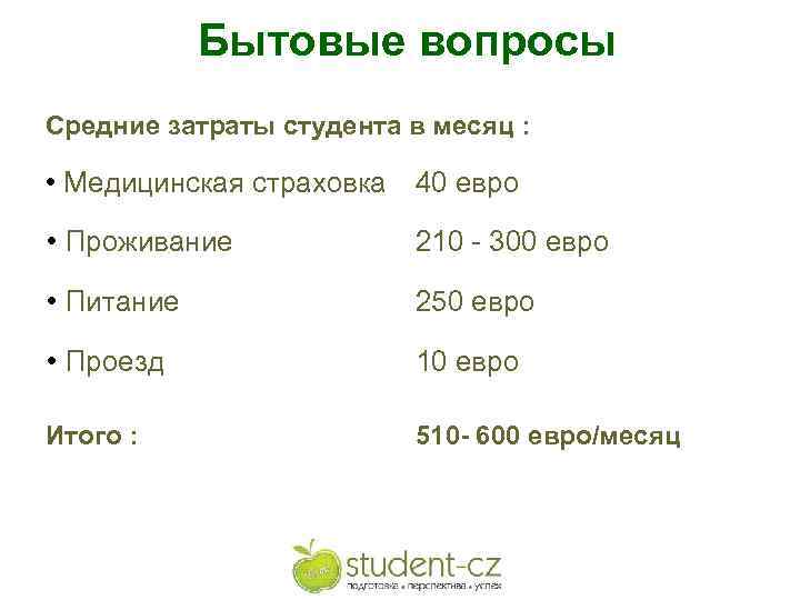 Бытовые вопросы Средние затраты студента в месяц : • Медицинская страховка 40 евро •