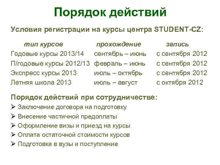 Порядок действий Условия регистрации на курсы центра STUDENT-CZ: тип курсов Годовые курсы 2013/14 П/годовые