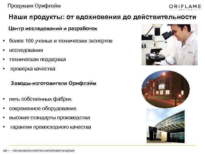 Продукция Орифлэйм Наши продукты: от вдохновения до действительности Центр исследований и разработок • более
