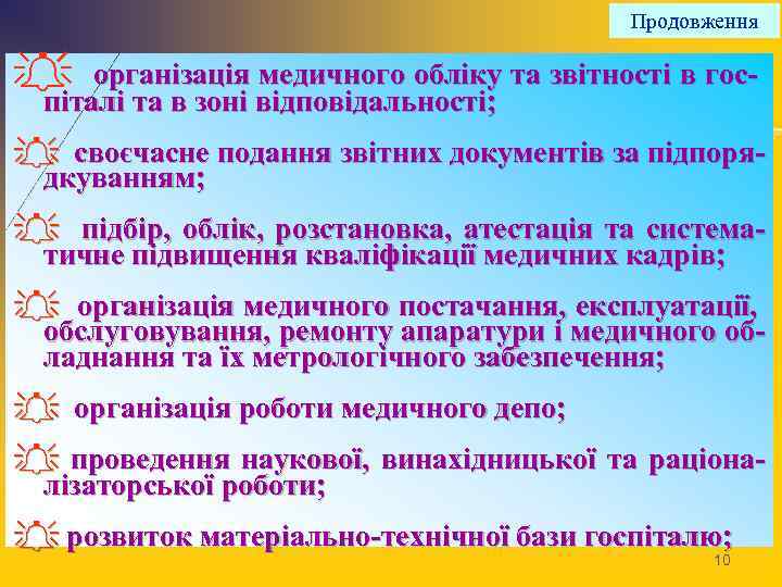 Продовження A організація медичного обліку та звітності в госпіталі та в зоні відповідальності; A