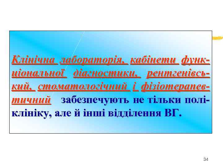 Клінічна лабораторія, кабінети функціональної діагностики, рентгенівський, стоматологічний і фізіотерапевтичний забезпечують не тільки поліклініку, але