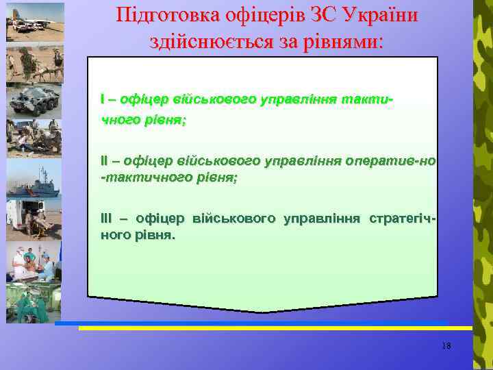 Підготовка офіцерів ЗС України здійснюється за рівнями: І – офіцер військового управління тактичного рівня;