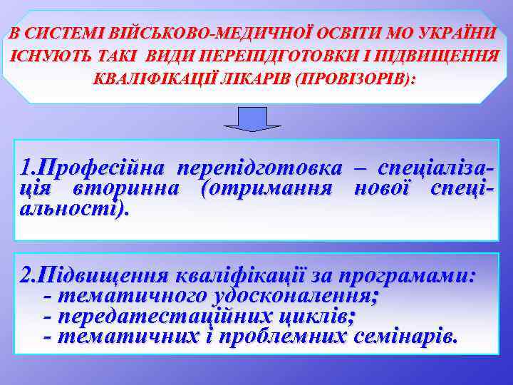 В СИСТЕМІ ВІЙСЬКОВО-МЕДИЧНОЇ ОСВІТИ МО УКРАЇНИ ІСНУЮТЬ ТАКІ ВИДИ ПЕРЕПІДГОТОВКИ І ПІДВИЩЕННЯ КВАЛІФІКАЦІЇ ЛІКАРІВ