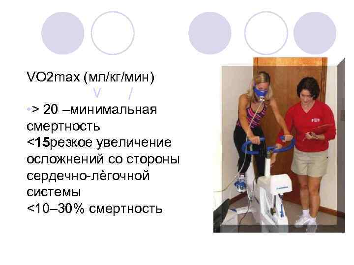VO 2 max (мл/кг/мин) V / • > 20 –минимальная смертность <15 резкое увеличение