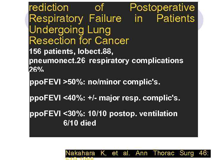 rediction of Postoperative Respiratory Failure in Patients Undergoing Lung Resection for Cancer 156 patients, lobect.