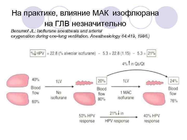 На практике, влияние МАК изофлюрана на ГЛВ незначительно Benumof JL: Isoflurane anesthesia and arterial oxygenation
