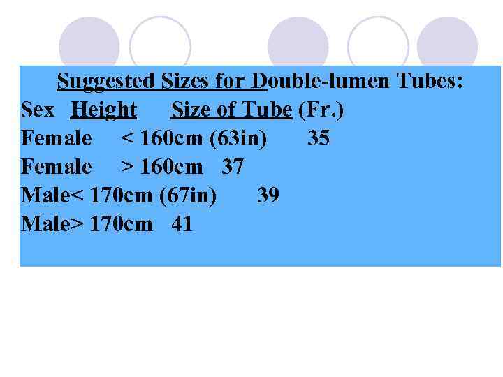 Suggested Sizes for Double-lumen Tubes: Sex Height Size of Tube (Fr. ) Female <