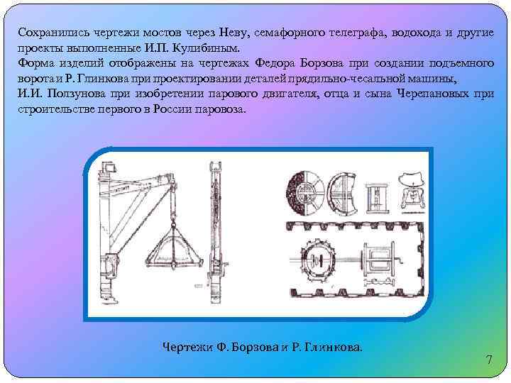 Сохранились чертежи мостов через Неву, семафорного телеграфа, водохода и другие проекты выполненные И. П.